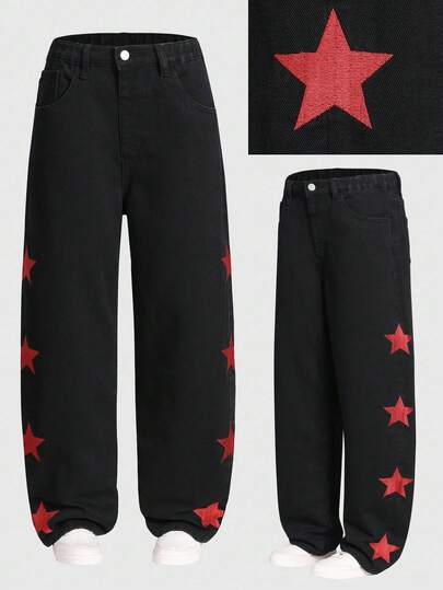 SHEIN Tween Boys' Distressed Individuality Simple All-Match Versatile Full Horse Ripped Fashionable Street Funny Wind Comfortable Straight Leg Jeans