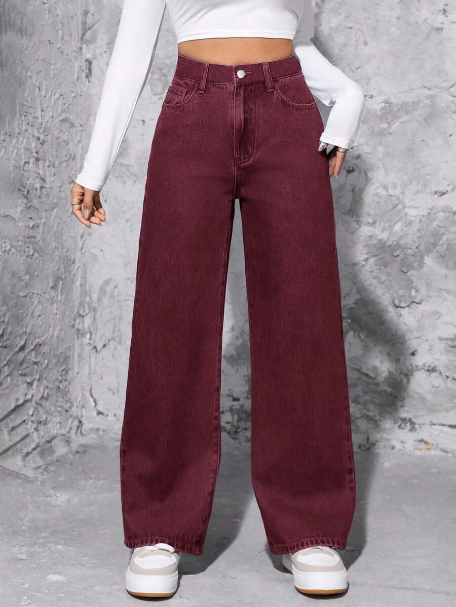 SHEIN PETITE Quần jeans ống đứng cạp cao giặt thường ngày cho nữ - Màu Đỏ Sâu - Xem 1