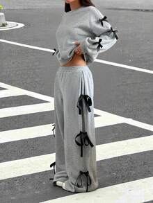 SHEIN EZwear 女士休闲宽松蝴蝶结装饰两件套 - 灰色 - 查看 3