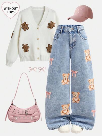 SHEIN Girlism Tween Girl Casual Soft Cute Teddy Bear Pattern Blue Denim Loose Fit Baggy Jeans Fall Winter Spring Summer, For Fall/Winter Dailywear, Streetwear, Christmas, New Year, Stylish Collection, Winter Jeans, Baggy Jeans,Graphic Jeans,2000s Baggy Jeans,Elegant Jeans For Girls,Casual For Girls,Spring Jeans