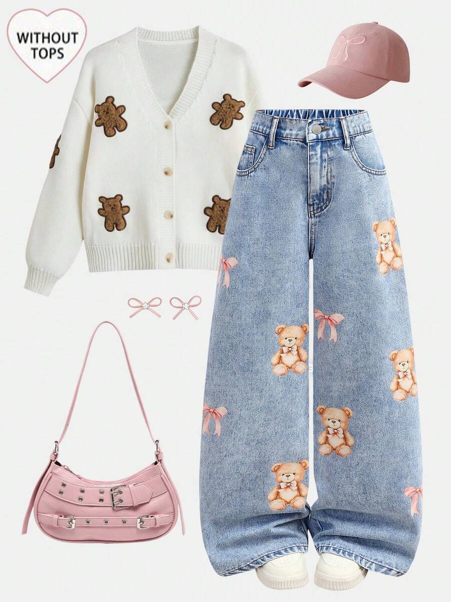 SHEIN Girlism 少女休闲柔软可爱泰迪熊图案蓝色牛仔宽松牛仔裤,适合秋冬春夏穿着,秋冬日常穿搭、街头风、圣诞节、新年等场合,时尚系列,冬季牛仔裤,宽松牛仔裤,印花牛仔裤,2000年代复古宽松牛仔裤,优雅女童牛仔裤,休闲女童牛仔裤,春季牛仔裤 - 中等水洗藍 - 查看 1