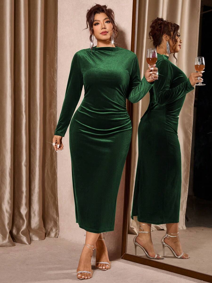 Cravure Vestido elegante de manga larga, ajustado y fruncido de unicolor para mujer de talla grande - Verde Oscuro - Ver 1