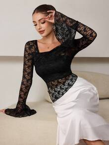 Modelyn Women's Sexy Asymmetric Shoulder Long Sleeve Asymmetrical Cropped Lace Sheer Flare Sleeve Blouse - Black - View 9