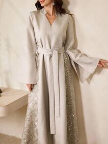 Al Najma Women's Floral Embroidery V-Neck Long Sleeve Elegant Arabic Dress - Brown - View 5