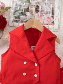 2pcs Young Girl Elegant Red Fashion Vest & Pleated Long Pants Set,Summer 7th Birthday Casual Outfit For Girls Button Top Collar Two Piece Outfit - Red - View 3