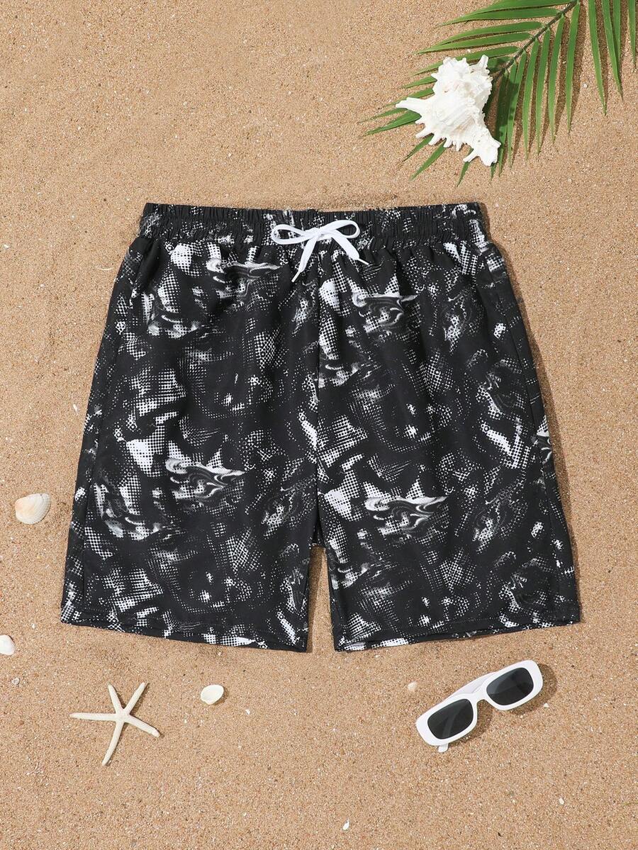 SHEIN Teen Boy All-Over Print Waist Tie Casual Swim Trunks Boys Black Swim Trunks Teen Boy Swim Trunk Black Swim Shorts Teen Boy Beach Shorts Mens Swim Trunk, Beach Swimwear For Kids, Summer Vacation, Pool Party - Black - View 1
