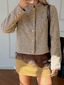 DAZY Women's Elegant Stand Collar Jacket, Autumn/Winter - Khaki - View 8