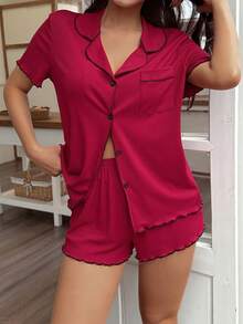 Dream Adore 女士撞色荷叶边翻领开衫短袖睡衣套装 - 酒紅色 - 查看 5