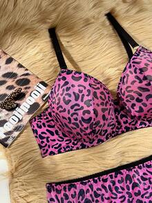 2pcs Plus Size Sexy Leopard Print Patchwork Lingerie Set ClassicAnimalPrint - Red Violet - View 5