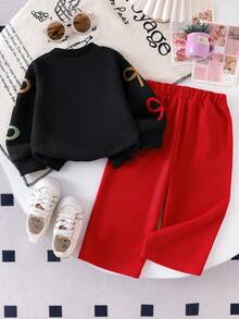 SHEIN 2pcs Baby Girls Colorful Bow Embroidered Sweatshirt And Green Pants Set, Fashionable Autumn Outfit - Red - View 2