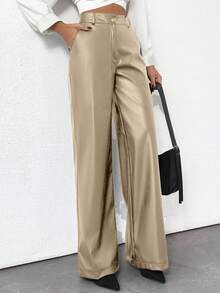 EURMUSE Prive Gold Button Detailed Straight Fit Leather Pants - Beige - View 5