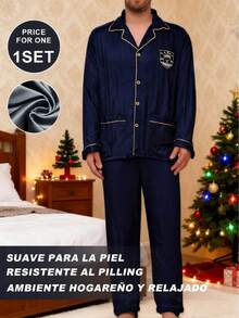 COTOLO Conjunto de Pijama Hombre Gris de Seda Suave, Manga Larga con Bordes Dorados, Diseño Elegante con Escudo, Cálido y Confortable, Regalo de Navidad - Azul - Ver 2