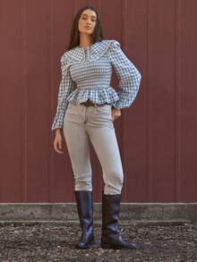 WESTFADE Áo peplum dài tay bồng cổ bèo nhún kẻ caro dáng rộng - Màu xanh nhạt - Xem 2
