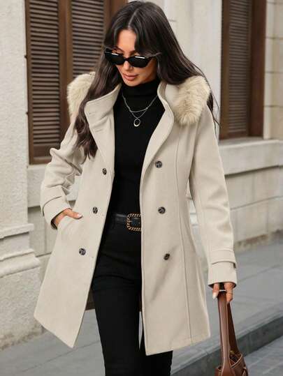 EMERY ROSE Women's Solid Color Double-Breasted Hooded Overcoat With Pockets, Fashion Versatile