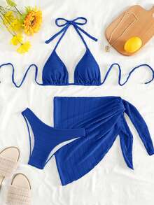 Swim Mod Conjunto de bikini texturizado de unicolor, adecuado para vacaciones en la playa - azul real - Ver 2