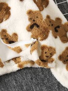 SHEIN Tween Girls' Loose Casual Fluffy Zip-Up Long Sleeve Jacket, Fuzzy Jacket, Teddy Bear Clothes, Teddy Bear Print Jacket, Teddy Bear Jacket, Plush Jacket - White - View 4