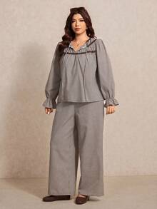 Elaquor Plus Size Women Plaid Front Tie Flare Sleeve Shirt And Wide Leg Pants Casual 2 Pieces Set - Coffee Brown - View 3