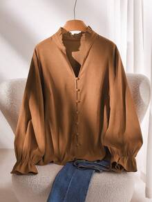 CosyJoli 大码女式衬衫，长袖上衣，咖啡色，秋冬女士服装 - 棕色 - 查看 1