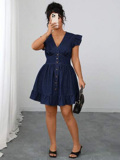 Elenzga Plus Size Women V-Neck Cap Sleeve Single-Breasted Denim Sexy Dress Summer Elegant