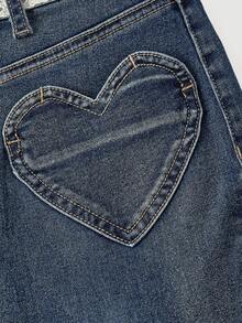 Sweetra Women's Fashion Casual Versatile Heart Pocket Skinny Flare Leg Jeans - Dark Wash - View 6