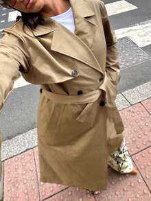 SHEIN EZwear 女士休闲系腰长袖风衣，秋冬款 - 卡其色 - 查看 1