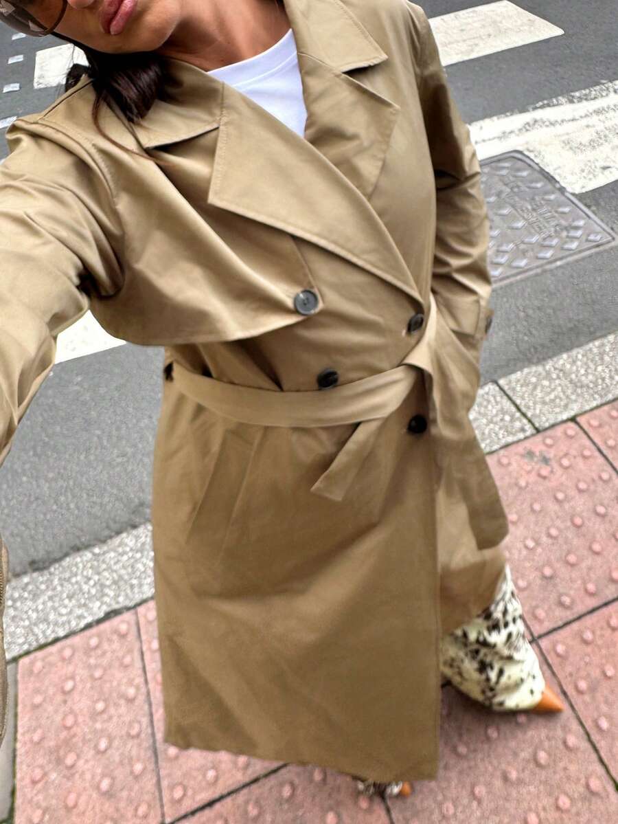 SHEIN EZwear 女士休闲系腰长袖风衣，秋冬款 - 卡其色 - 查看 1