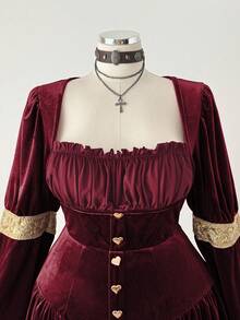 Sunspun Fashionable Square Neck Elastic Velvet Waist Dress - Burgundy - View 6