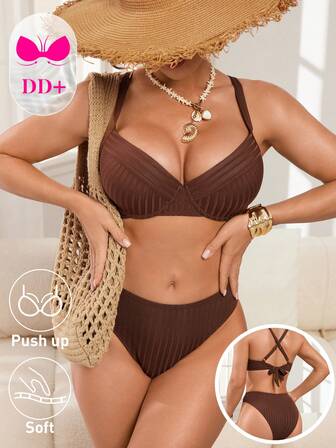 Swim DD+ Kaffefärgad ribbad bikiniset med bygel och breda band för kvinnor, bantningsdesign, moderiktig baddräkt för strandsemester
