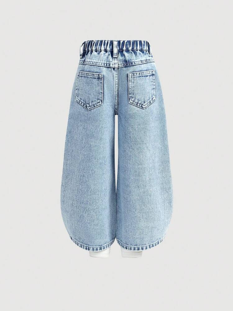 SHEIN Young Girl' Spring Summer Light Washed Blue Distressed Purple Cherry Embroidery Blue Denim Ripped Loose Wide Leg Pants,Girls Cute Pants,Cute & Casual, Suitable For School, Outing, Party Fall Winter,Comfortable Sweet Casual Vacation School Style Recommended! Comfortable Light Wash Blue Denim Fabric Fall Winter - Light Wash - View 2