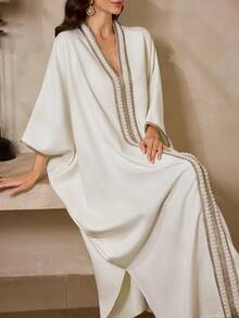 Al Najma Women's V-Neck Faux Pearl Decor Casual Loose Vacation Party Arabic Batwing Sleeve Dress Kaftan Jalabiya Dress - Apricot - View 6