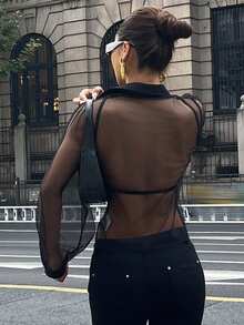 DAZY Casual Business Sheer Mesh Fitted Chiffon Blouse, Minimalist Short Sleeve Women Shirt Y2k Spring - Black - View 2