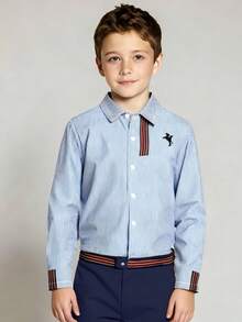 SHEIN 2pcs Tween Boy Gentleman Set: Striped Long Sleeve Shirt + Trousers, Elegant Outfit For Valentine's Day, Birthday Party, Evening Gala, Wedding, Christening, Anniversary Boys Button Up Outfit Sets Boys Casual Pants Suit Outfit Boy Casual Sets Boys Pant And Shirt Set Tween Boy Clothes Shirt With Long Pants - Navy Blue - View 3