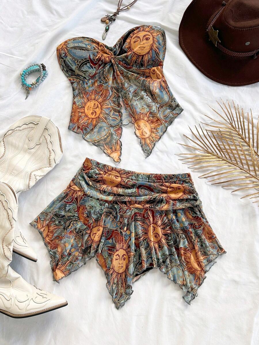 Soleia Women's Apricot Lace Top And Skirt Set, Suitable For Vacation, Beach, Music Festival, Party, Summer Outfit - Multicolor - View 1