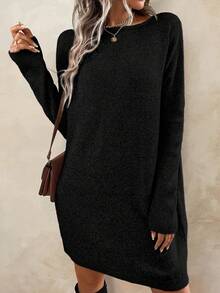 EMERY ROSE Women's Solid Color Boat Neck Long Sleeve Casual Vacation Knit Dress - Black - View 4