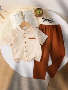 2pcs Young Boys Collared Short Sleeve Jacquard Knit Shirt With Pocket + Elastic Waist Wide Leg Pants Casual Suit, Brown & Khaki, Suitable For Spring/Summer Everyday Wear - Khaki - View 10