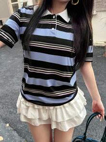 K-Vae 女士条纹 Polo 领宽松休闲学院风短袖 T 恤，夏季 - 彩色 - 查看 1