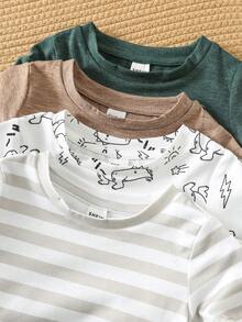 SHEIN 4pcs/Set Baby Boy Cute Casual Versatile Cartoon Pattern Knit Short Sleeve T-Shirt Set Baby Boys Tops Baby Boy Graphic Tees Dinosaur Baby Boy Clothes Toddler Graphic Tshirts Baby Boys Print Tshirts - Multicolor - View 5