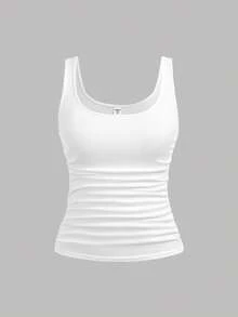 SHEIN Girlism 2pcs/Set Teen Girls Black & White Casual Crew Neck Ruched Waist Fitted Camisole Tank Tops, Versatile For Daily Casual And Loungewear Girls Tight Tops Sleeveless Top Set Tight Fitted Tops - Black and White - View 5