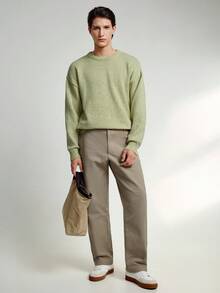 RONVEXI Áo len dài tay cổ tròn trễ vai màu trơn thường ngày cho nam, Thu/Đông - Màu xanh Bạc hà - Xem 5