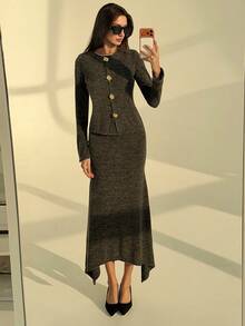 Aloruh Minimalist Commuter Autumn/Winter New Floral Gray Round Neck Tight Metal Button Tight Women Top + Super Long Asymmetrical Hem Women Skirt 2-Piece Set, Casual Sets For Women,Casual Sets For Women - Grey - View 3