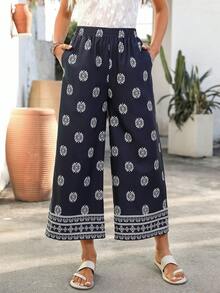 EMERY ROSE 女士印花弹力腰带口袋休闲阔腿裤 - 彩色 - 查看 4