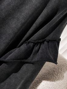 CosyJoli 大码女式休闲水洗荷叶边长袖黑色T恤 - 黑色 - 查看 4