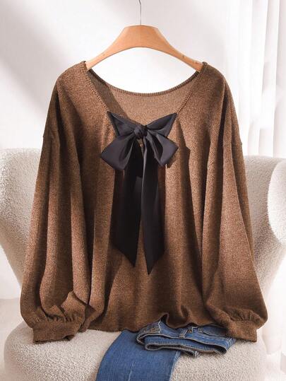 CosyJoli Plusstorlek Dam Plusstorlek Långärmad T-shirt med fluga, T-shirt med ihålig rygg, Höst-/vinterkläder för dam, Topp med färgblock, Brun topp