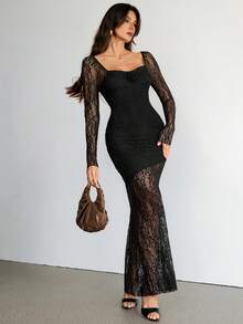 SHEIN Tall 女士夏季优雅浪漫时尚通勤性感优雅黑色蕾丝长款修身连衣裙，适合妇女节、女士派对、海滩度假、返校季、毕业季、浪漫约会、生日、复活节、巴西狂欢节、音乐节、春夏、婚礼季、早午餐、波西米亚风、仙女风等场合。 - 黑色 - 查看 2