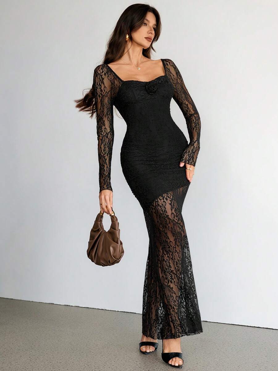 SHEIN Tall 女士夏季优雅浪漫时尚通勤性感优雅黑色蕾丝长款修身连衣裙，适合妇女节、女士派对、海滩度假、返校季、毕业季、浪漫约会、生日、复活节、巴西狂欢节、音乐节、春夏、婚礼季、早午餐、波西米亚风、仙女风等场合。