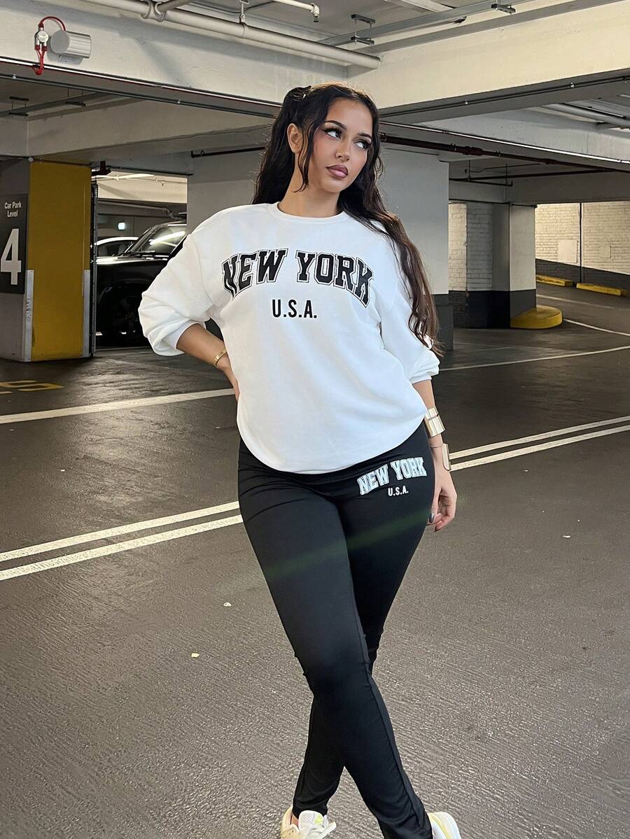 NegzBox 2pcs/Set Casual Loose Crew Neck Sweatshirt And Tight Leggings, Autumn/Winter - Multicolor - View 1