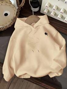 SHEIN EZwear 大码休闲简约骑马图案宽松连帽长袖加厚卫衣，女款，适合秋冬季、返校季、机场、圣诞节等场合，Y2K风格可爱卫衣 - 米色 - 查看 1