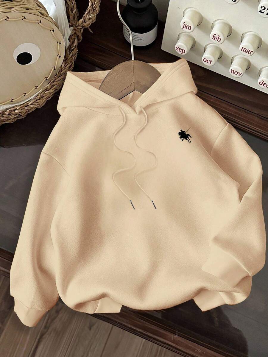SHEIN EZwear 大码休闲简约骑马图案宽松连帽长袖加厚卫衣，女款，适合秋冬季、返校季、机场、圣诞节等场合，Y2K风格可爱卫衣 - 米色 - 查看 1