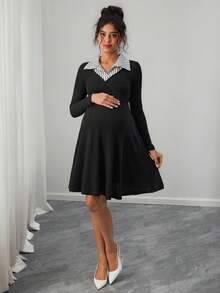 SHEIN Váy midi tay dài họa tiết sọc chắp vá - màu đen - Xem 3