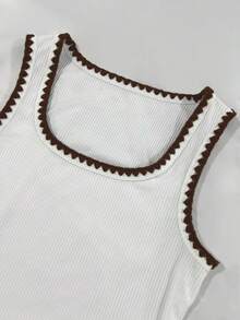 INAWLY Retro Colorblock Square Neck Camisole, Minimalist Versatile Sleeveless Slim Fit T-Shirt, Shell Embroidered Knit Fabric, Suitable For Outings, Commuting, And School